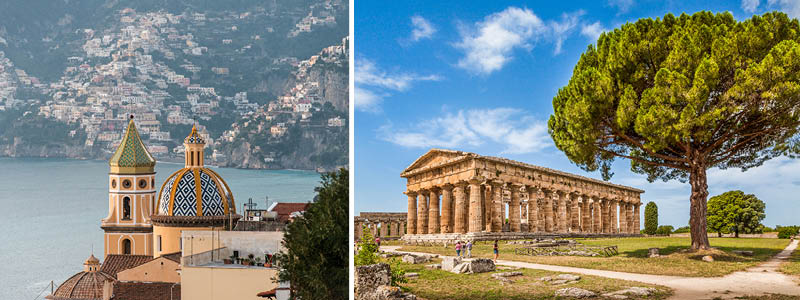 Positano med den flotte domkirke og imponerende græsk tempel i Paestum